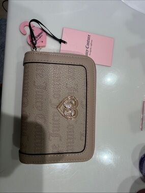 Juicy Couture Taupe Zip Around Wallet with Heart Emblem